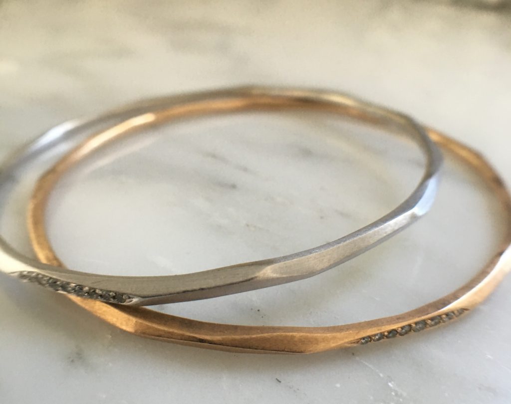 White gold and rose gold bangles with diamonds at Capri in Los Angeles Jewelry District
