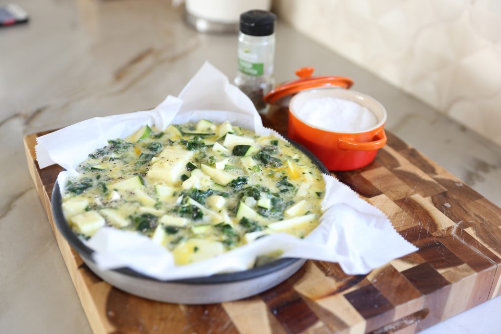 Whole30 Spinach Onion Zucchini Frittata ready to go into the oven