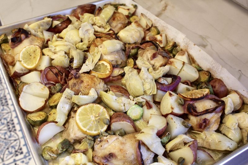 sheet pan roasted lemon chicken with potatoes and brussel sprouts