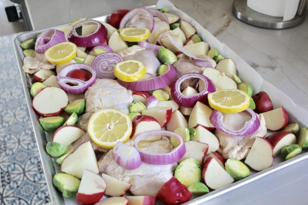 sheet pan roasted lemon chicken with potatoes and brussel sprouts