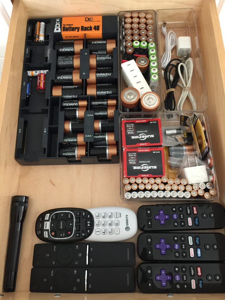 drawer with organized batteries